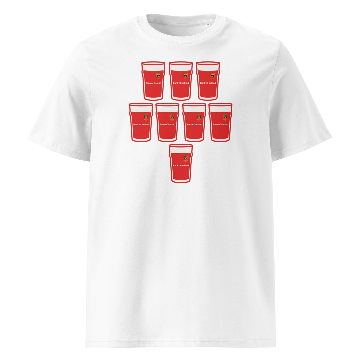 White t-shirt with eight red pint glasses arranged in a rugby scrum formation with sponsor-style text, Munster vintage-inspired