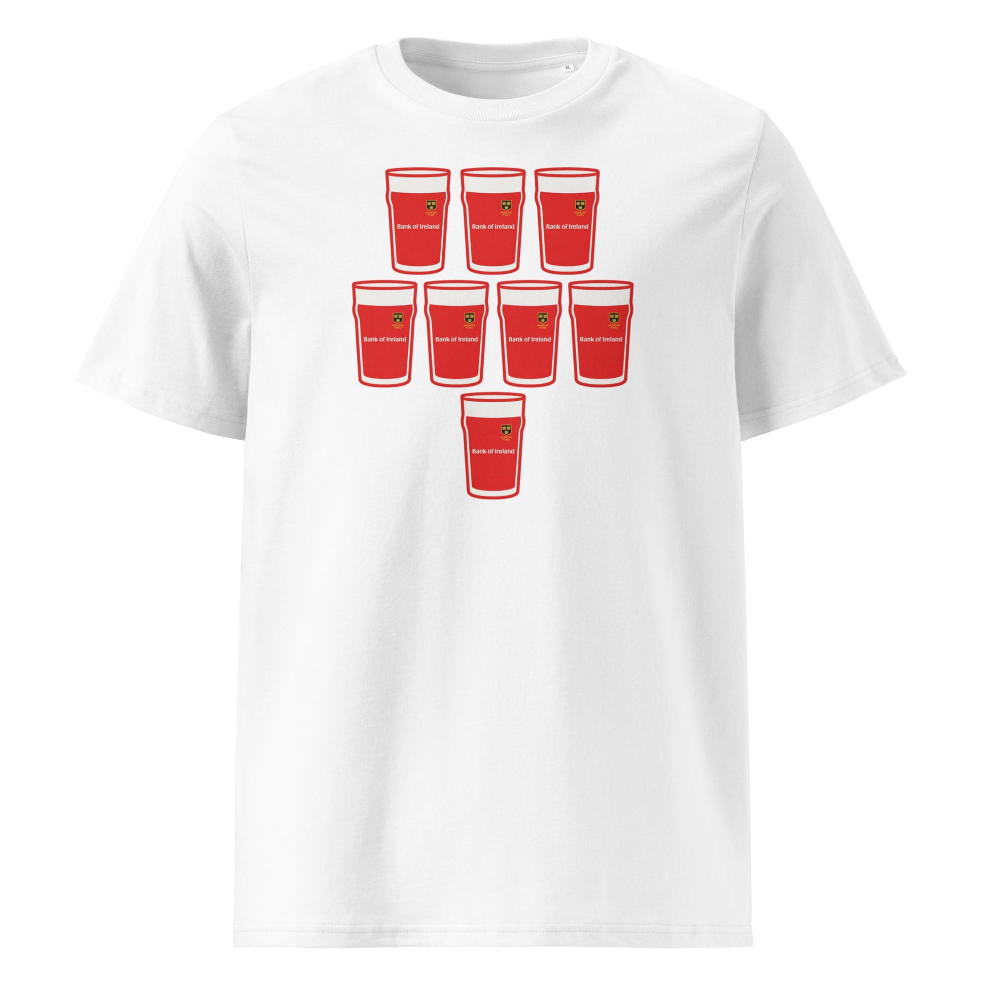 White t-shirt with eight red pint glasses arranged in a rugby scrum formation with sponsor-style text, Munster vintage-inspired