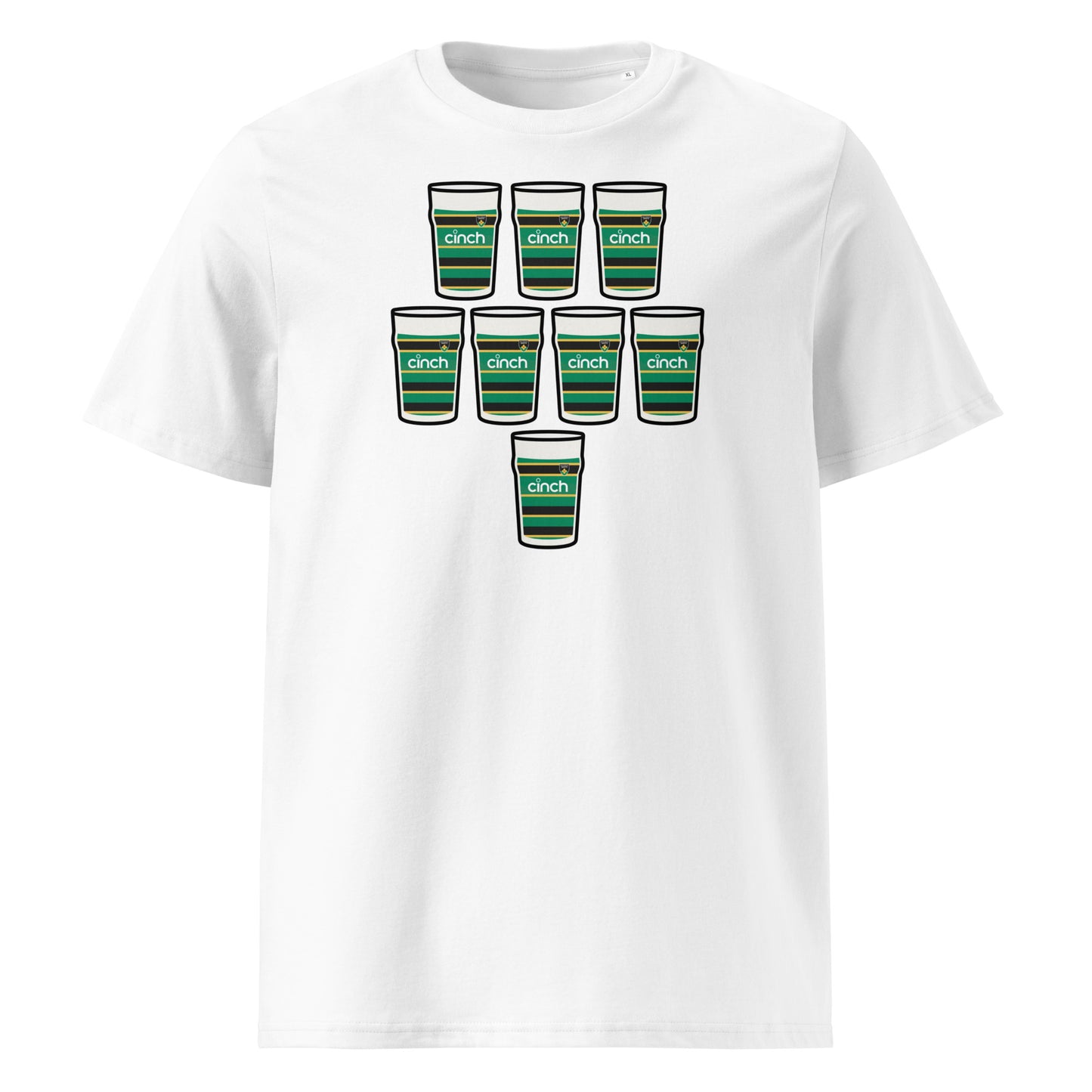White t-shirt with eight green, black and gold hooped pint glasses arranged in a rugby scrum formation with sponsor-style detail