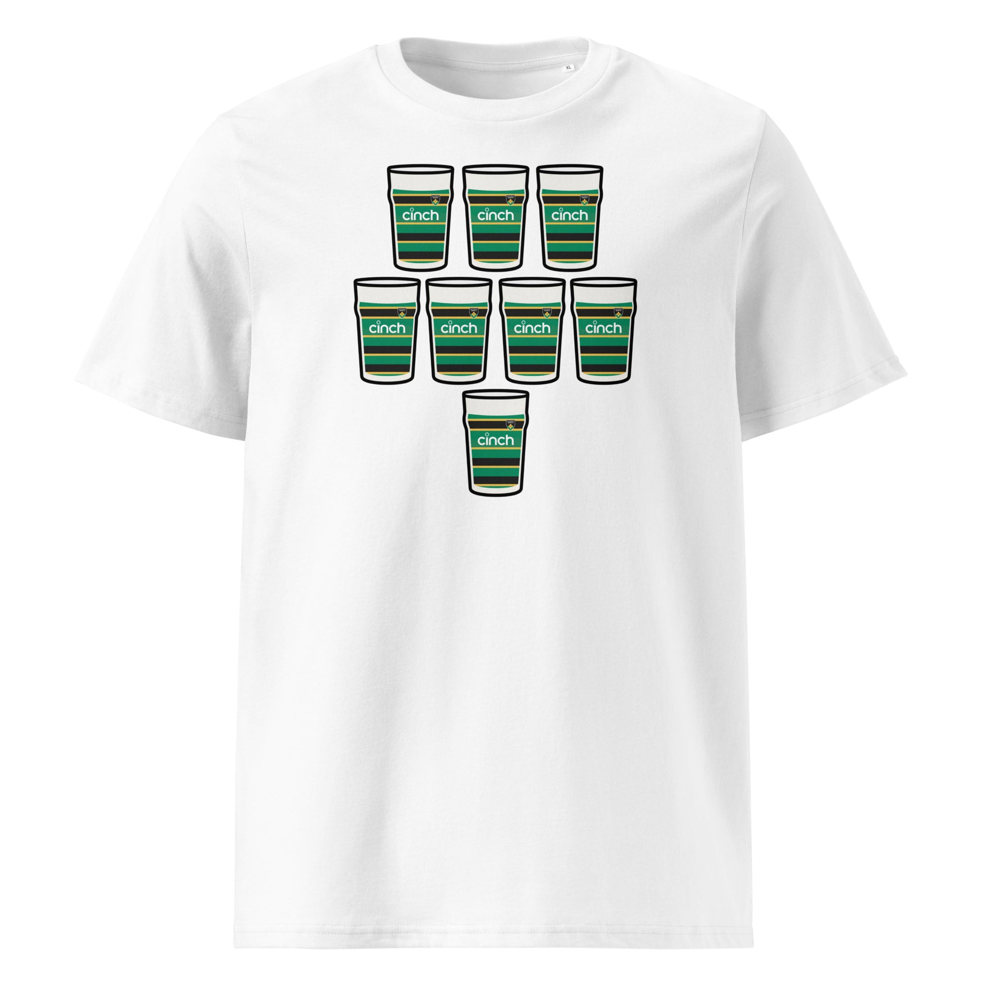 White t-shirt with eight green, black and gold hooped pint glasses arranged in a rugby scrum formation with sponsor-style detail