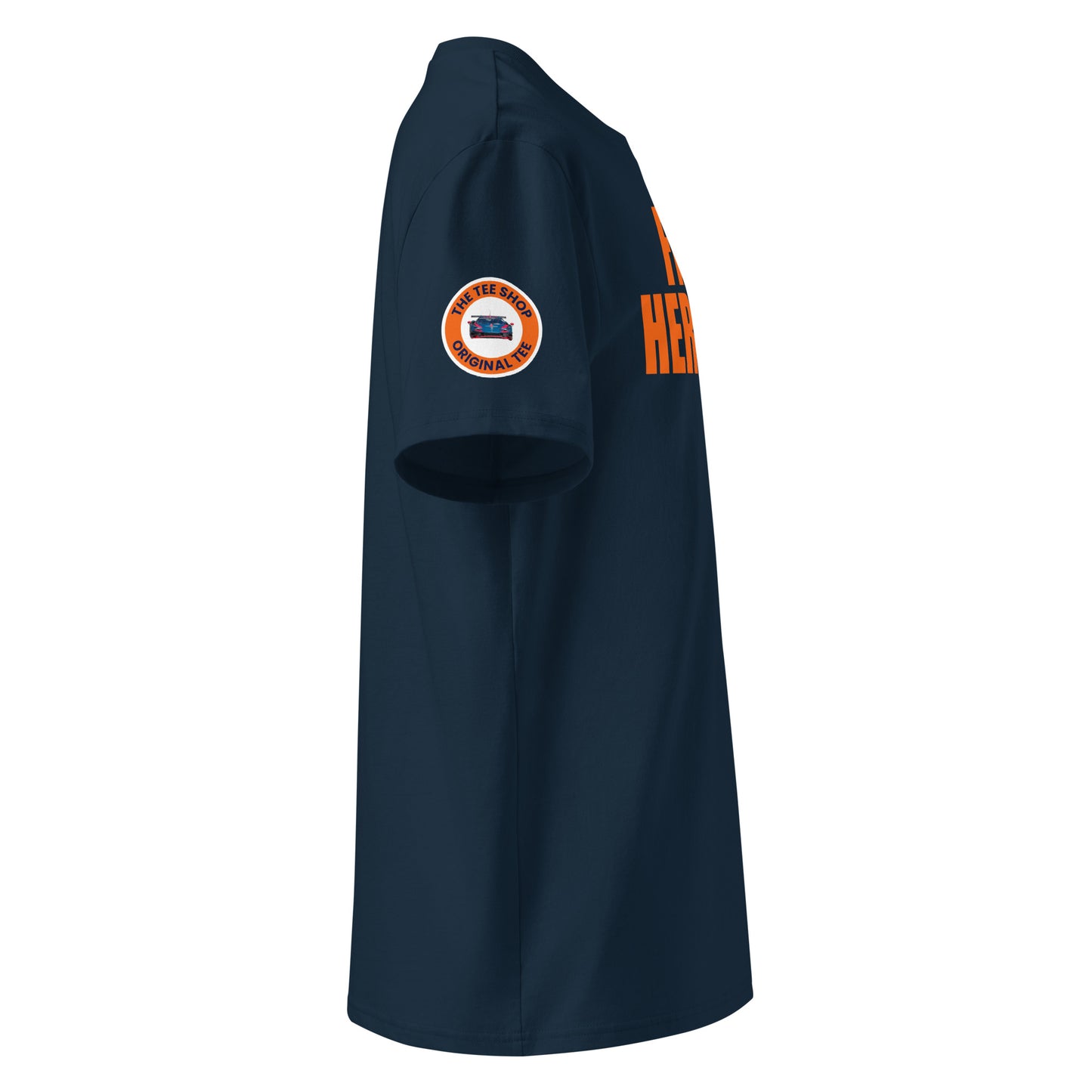 Right side view of navy FRANZ HERMANN t-shirt, orange lettering, round logo on right sleeve, for motorsport and meme collectors.