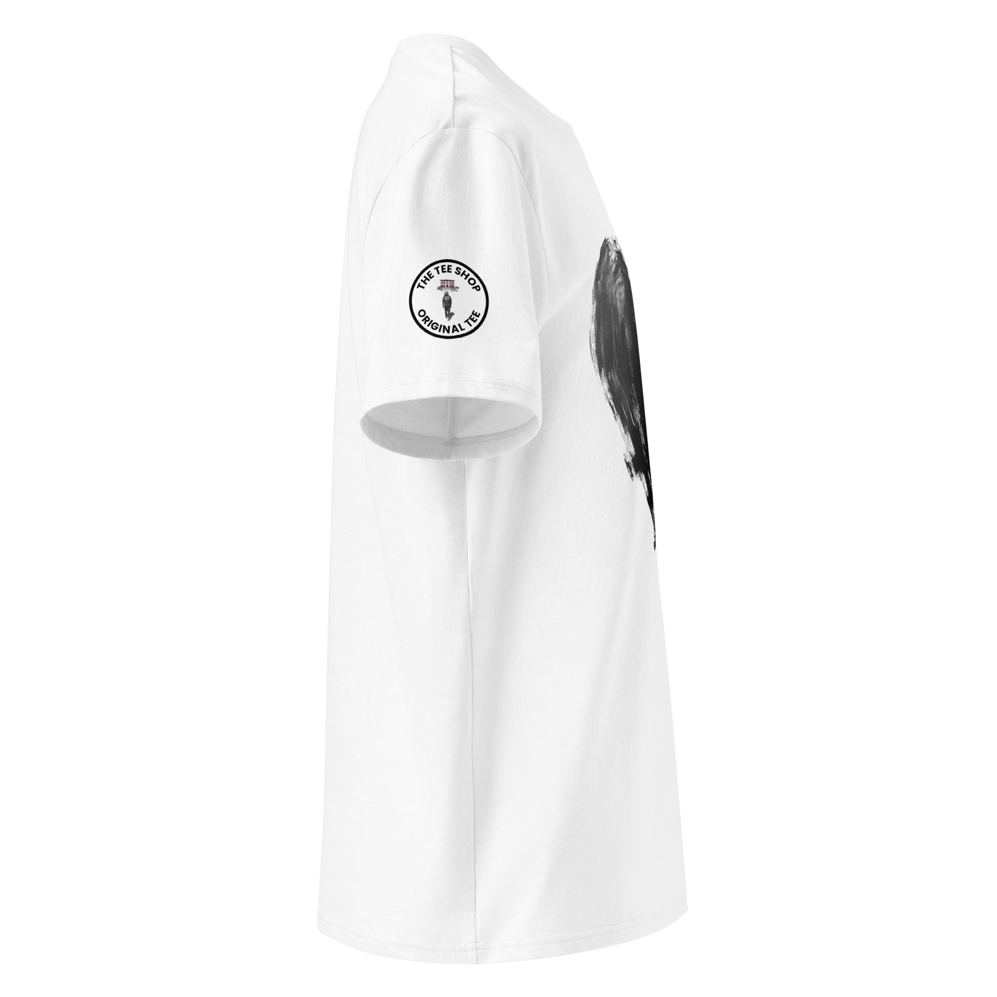 Right side view of the white Forza Ferrari t-shirt with black accents. In view is the Tee Shop logo with an mage of Lewis Hamilton walking to wards the famous Ferrari House in Italy.