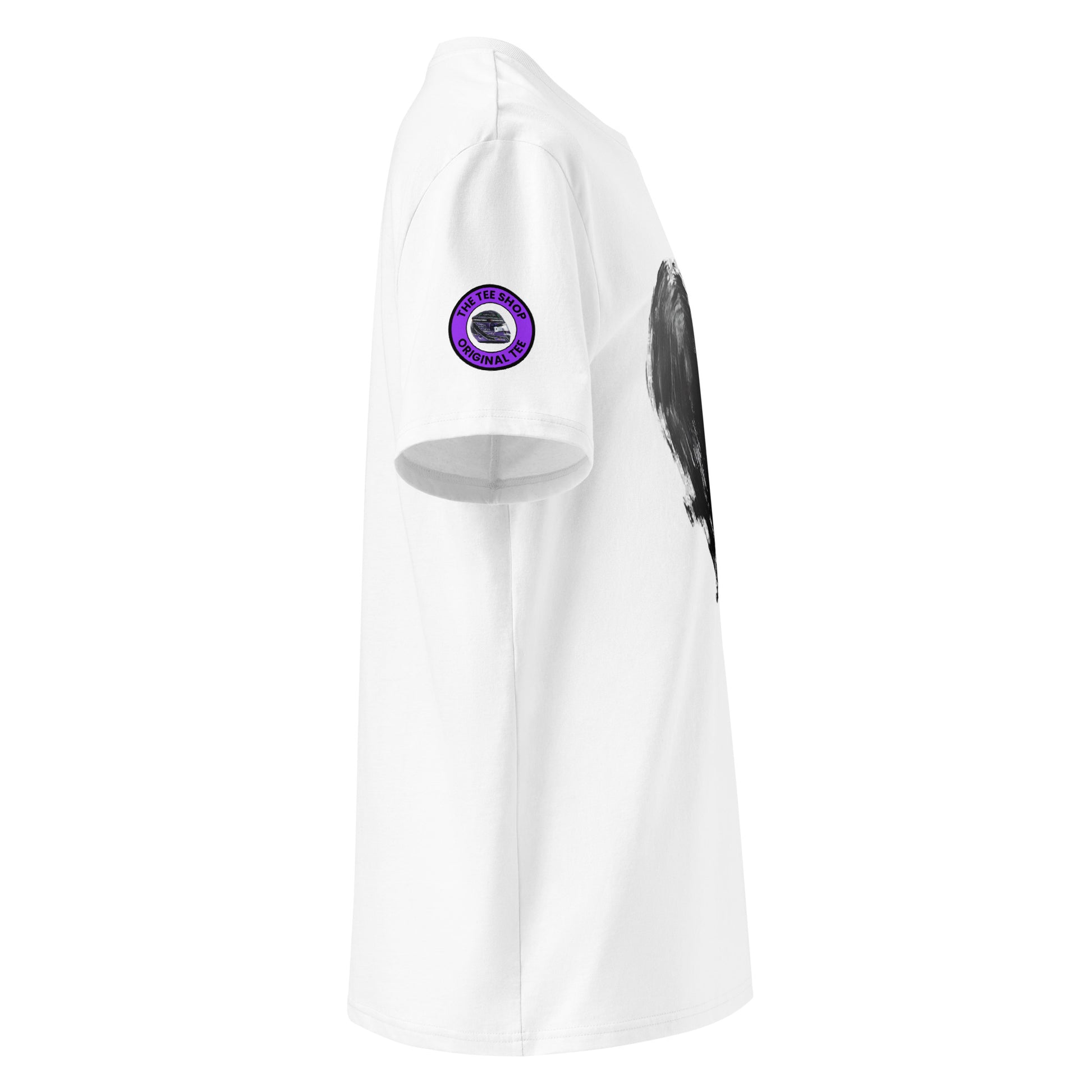 Right side view show theteeshop logo with purple detail and showing one of Lewis Hamilton's historic purple racing helmets. Ideal for both men and women and new joiners to Ferrari in 2025.