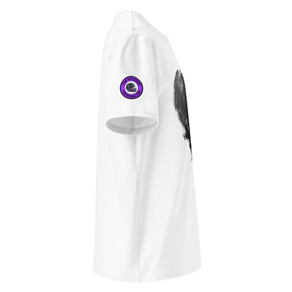 Right side view show theteeshop logo with purple detail and showing one of Lewis Hamilton's historic purple racing helmets. Ideal for both men and women and new joiners to Ferrari in 2025.