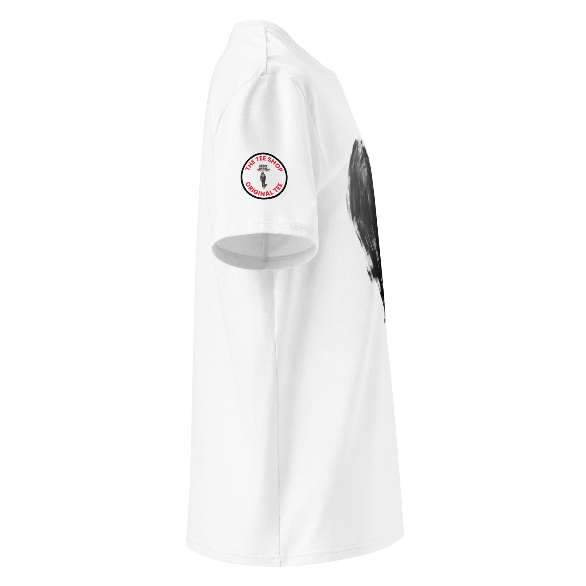 Left side view of this crisp white tshirt celebrating Ferrari and their 2025 fF1 season. This view shows the theteeshop logo which features lewis hamilton walking towards the famous Ferrari house in Italy. 