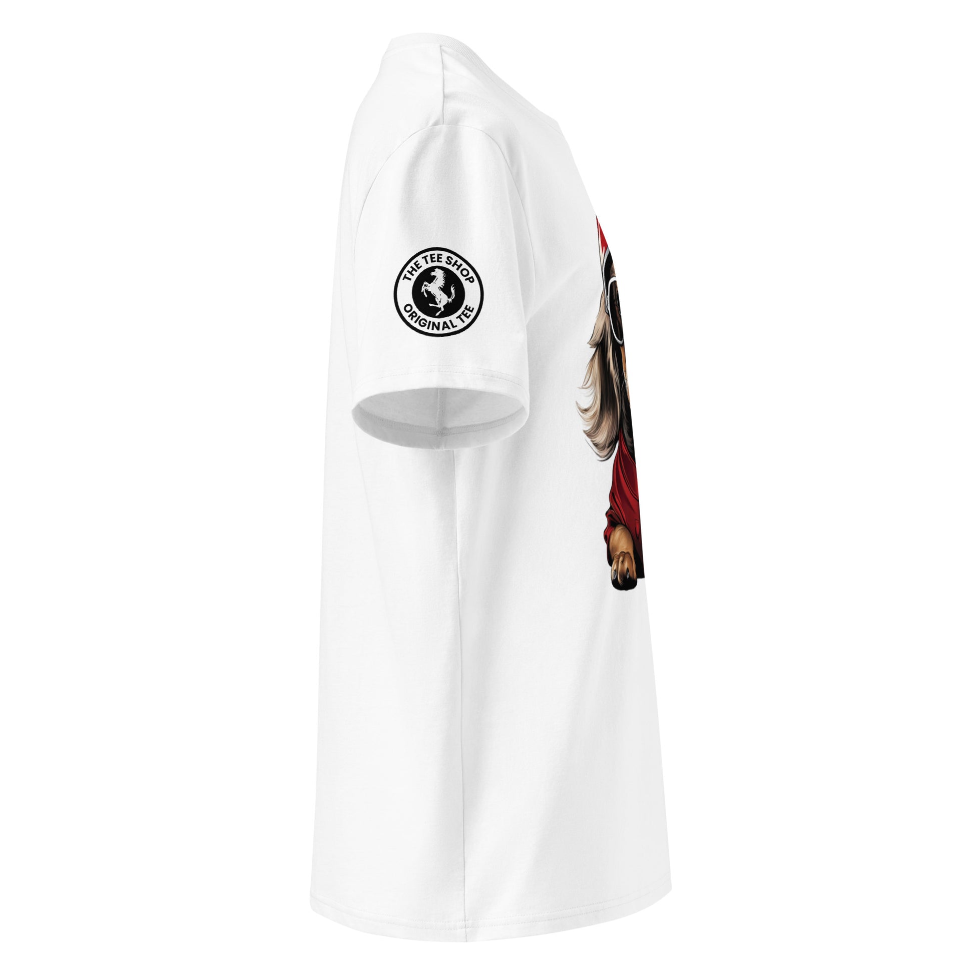 the right view captures the tee shop's logo which holds the Ferrari prancing horse within its design. Ideal for men and women this F1 shirt is a humorous addition to fans.