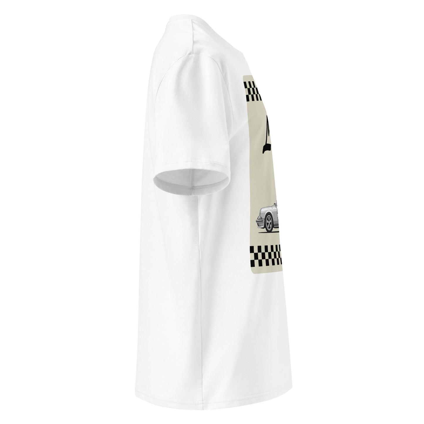 White unisex organic cotton t-shirt with a classic Porsche 911 car illustration, cream retro panel, chequered flag stripes, and “Love it!” text. TheTeeShop exclusive.