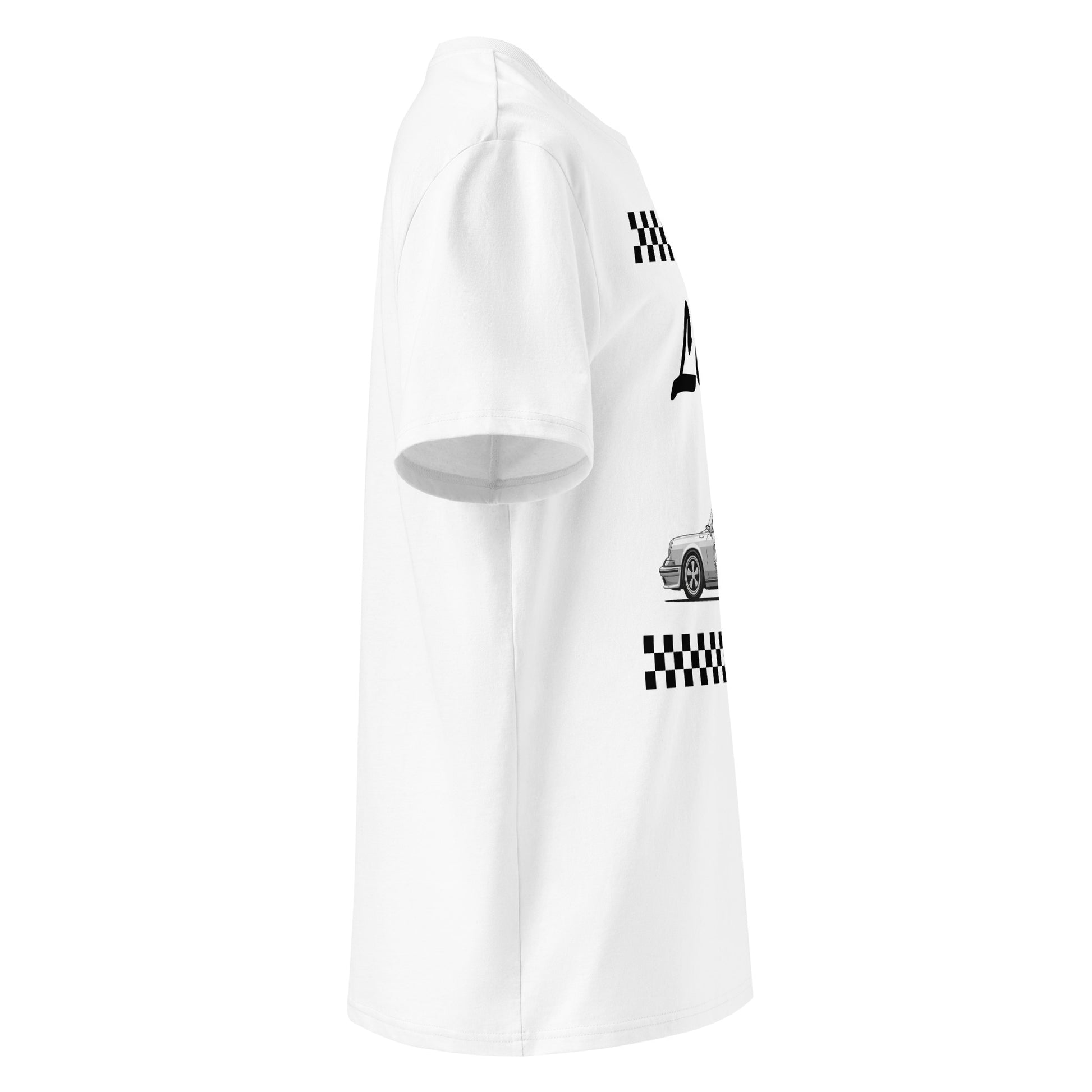 White unisex organic cotton t-shirt with a classic Porsche 911 car illustration, chequered flag stripes, and “Liebe es!” German text. TheTeeShop exclusive.