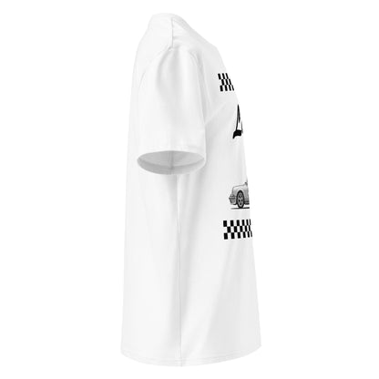 White unisex organic cotton t-shirt with a classic Porsche 911 car illustration, chequered flag stripes, and “Liebe es!” German text. TheTeeShop exclusive.