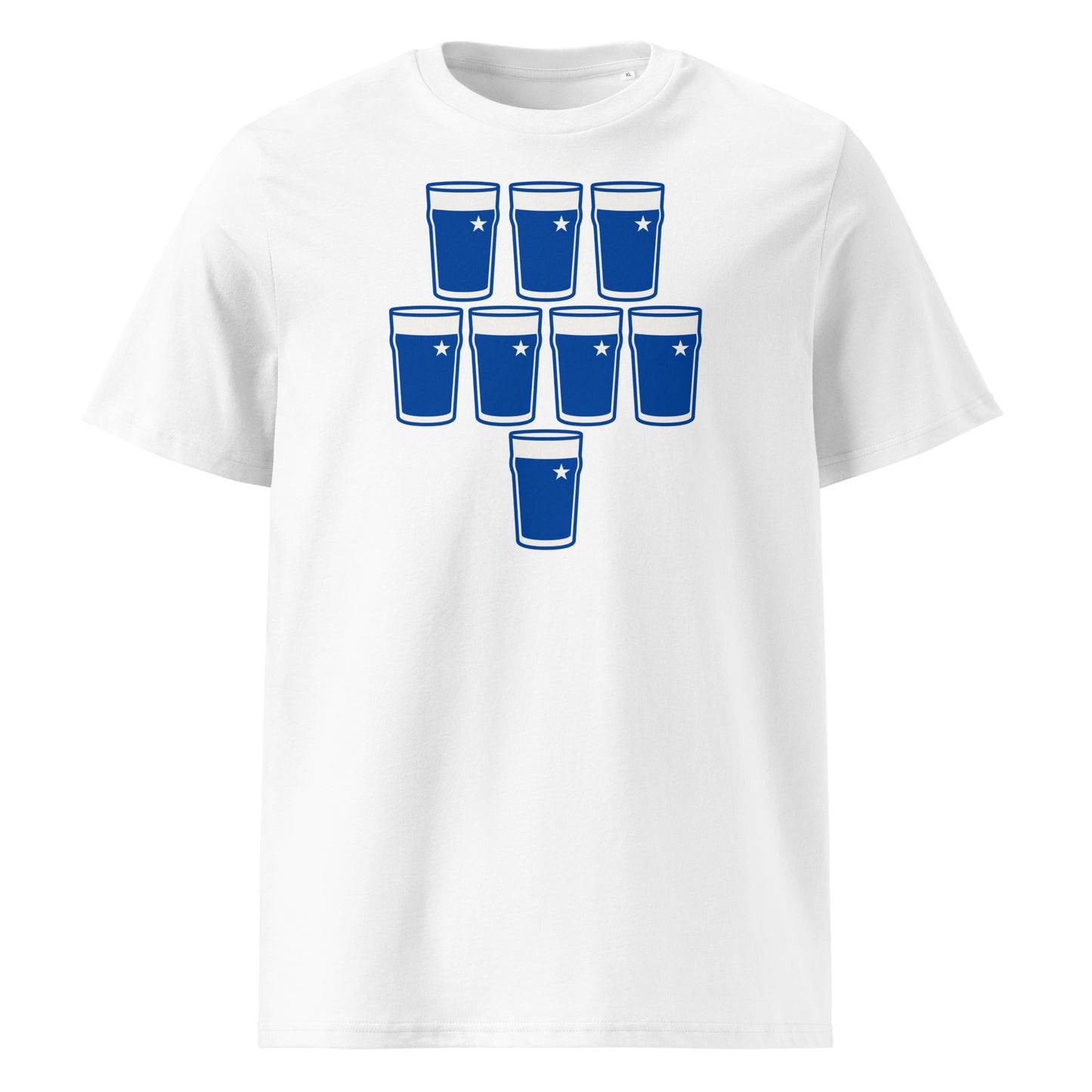 White t-shirt with eight blue pint glasses arranged in a rugby scrum formation with white star detail, St Mary’s rugby colours