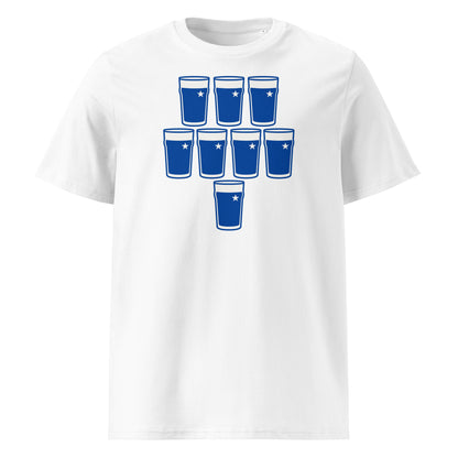 White t-shirt with eight blue pint glasses arranged in a rugby scrum formation with white star detail, St Mary’s rugby colours