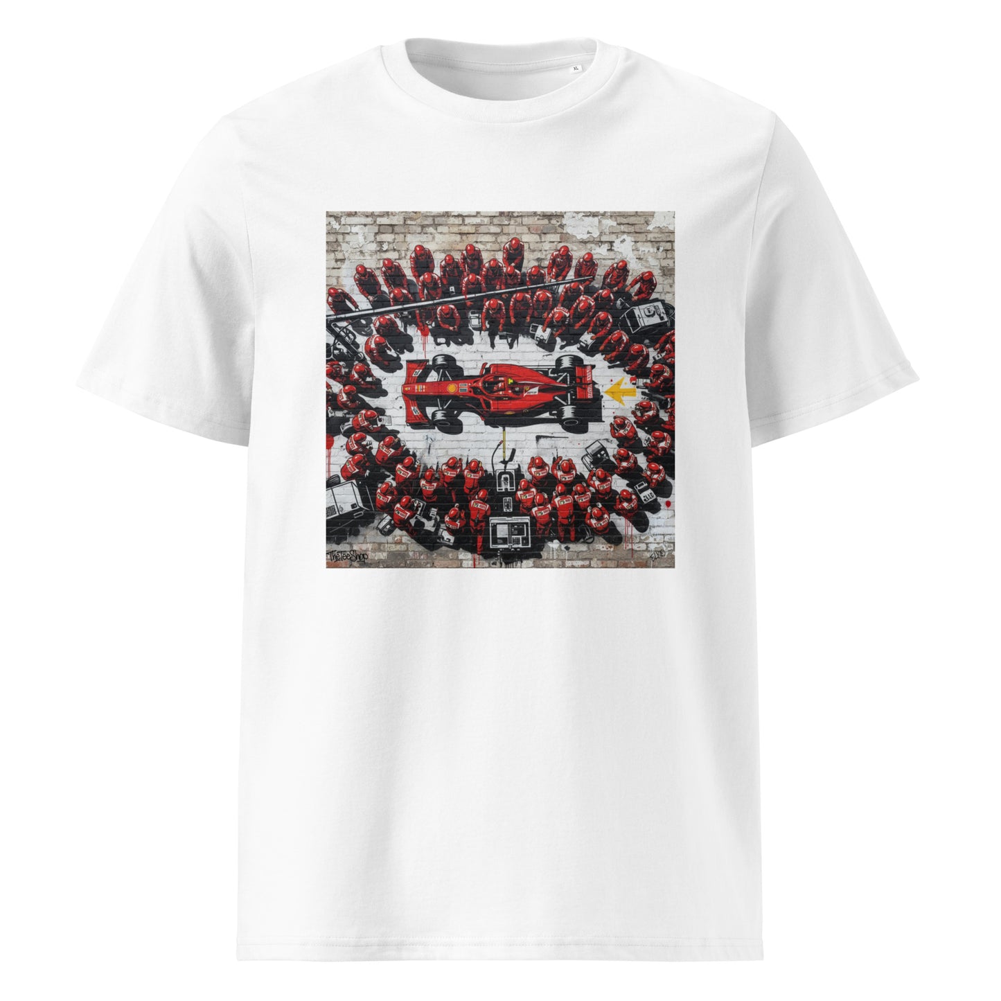 The front view of the a white grand prix f1 t-shirt featuring a Ferrari pitstop in graffiti street art.