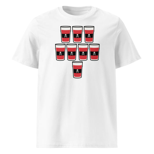 White t-shirt with eight red pint glasses arranged in a rugby scrum formation with a black band and skull-and-crossbones detail