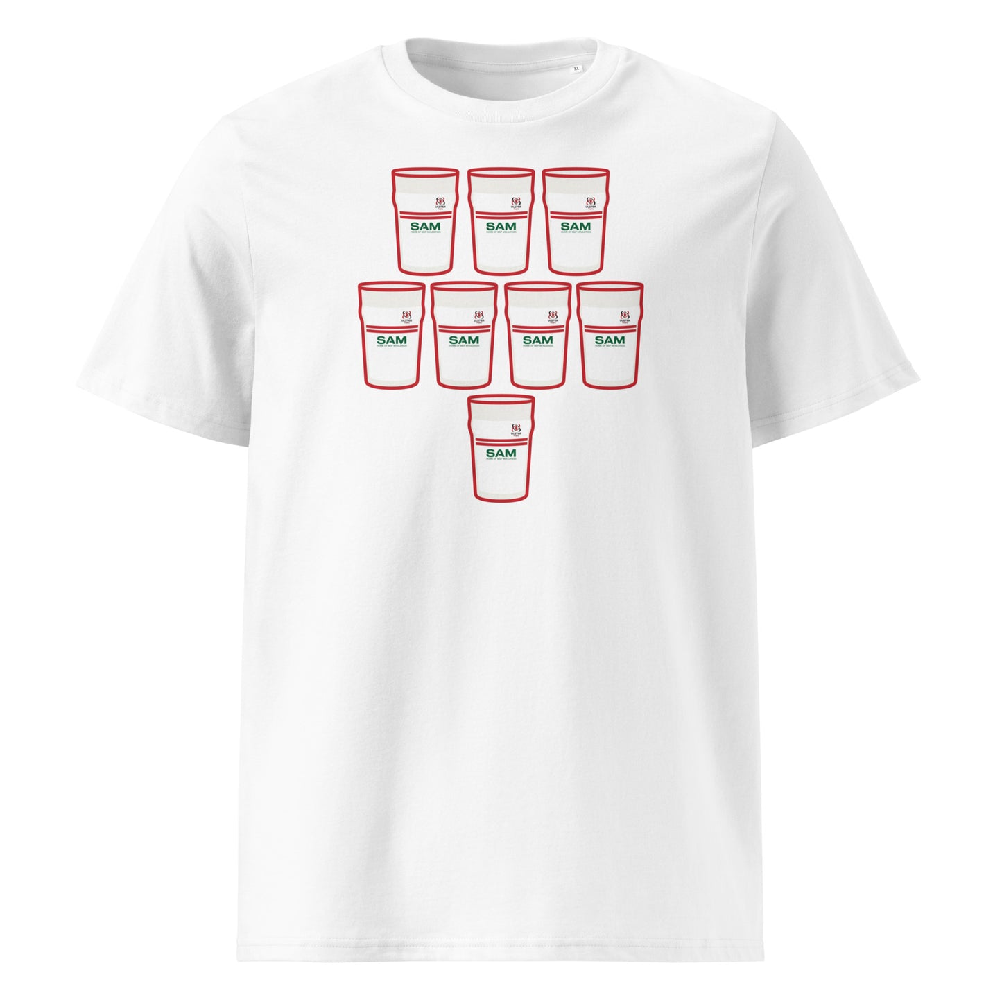 White t-shirt with eight white pint glasses outlined in red arranged in a rugby scrum formation with green sponsor-style detail