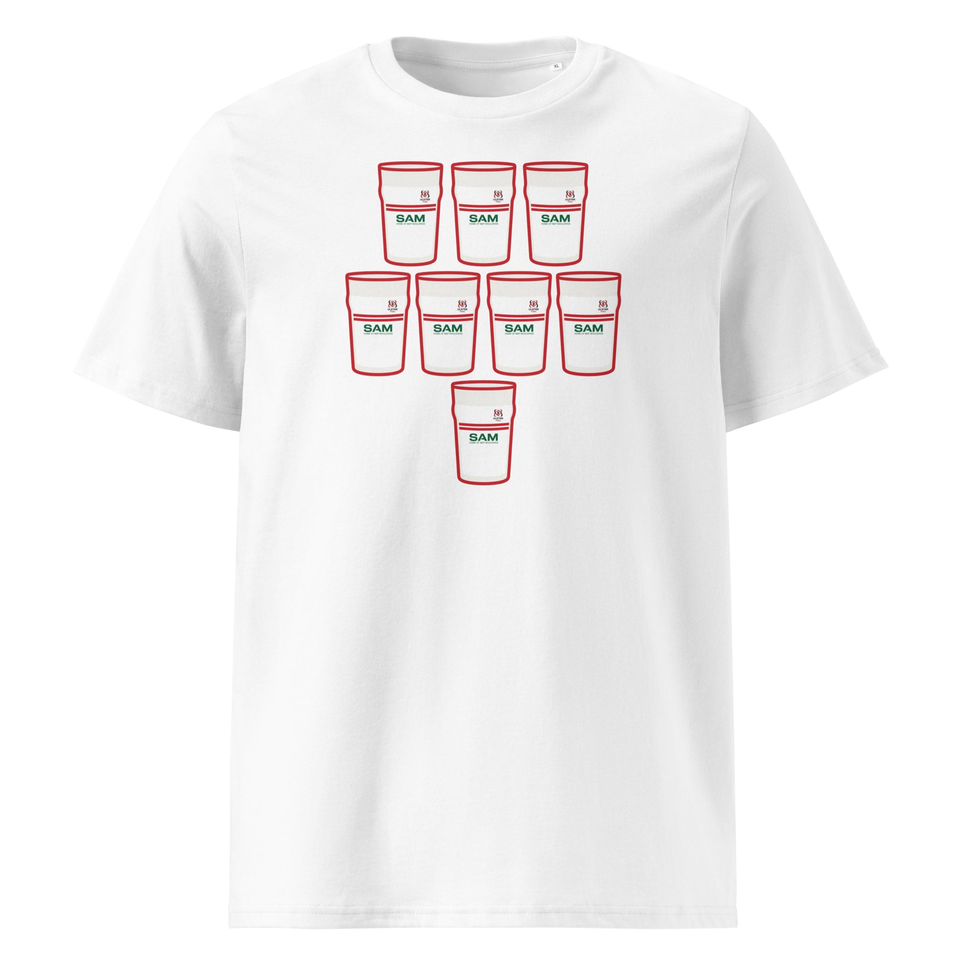 White t-shirt with eight white pint glasses outlined in red arranged in a rugby scrum formation with green sponsor-style detail