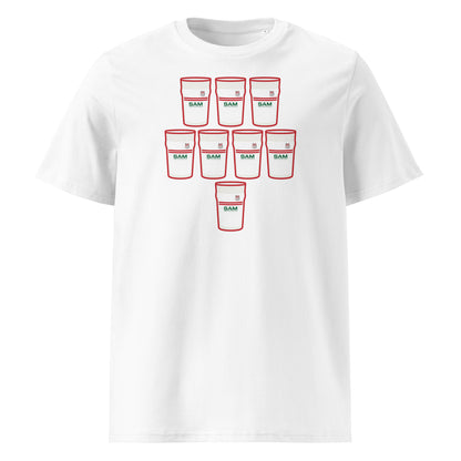 White t-shirt with eight white pint glasses outlined in red arranged in a rugby scrum formation with green sponsor-style detail