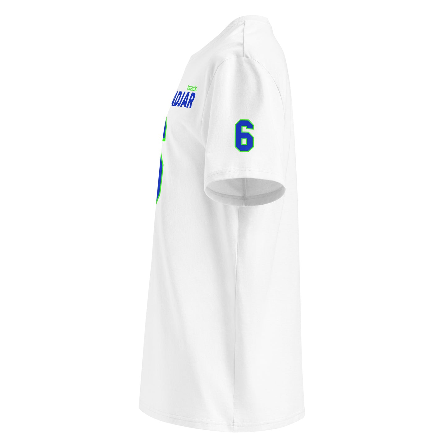 See the left sleeve of the white Isack Hadjar T-Shirt, featuring additional logos or designs. Ideal for car meets and shows.