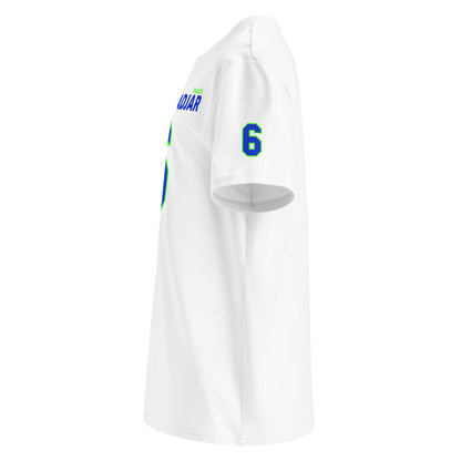 See the left sleeve of the white Isack Hadjar T-Shirt, featuring additional logos or designs. Ideal for car meets and shows.