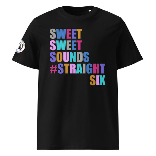 Front view of black unisex t-shirt with “SWEET SWEET SOUNDS #STRAIGHTSIX” slogan in multi-colour harlequin print. DTF print, perfect for straight-six engine fans and car meet enthusiasts.