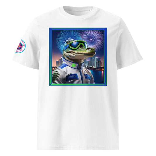 Front view of our Racing Bulls F1 Gator Miami Grand Prix white t-shirt showcasing a dynamic gator racer against a vibrant Miami backdrop. A stylish addition to your wardrobe and a great conversation starter.