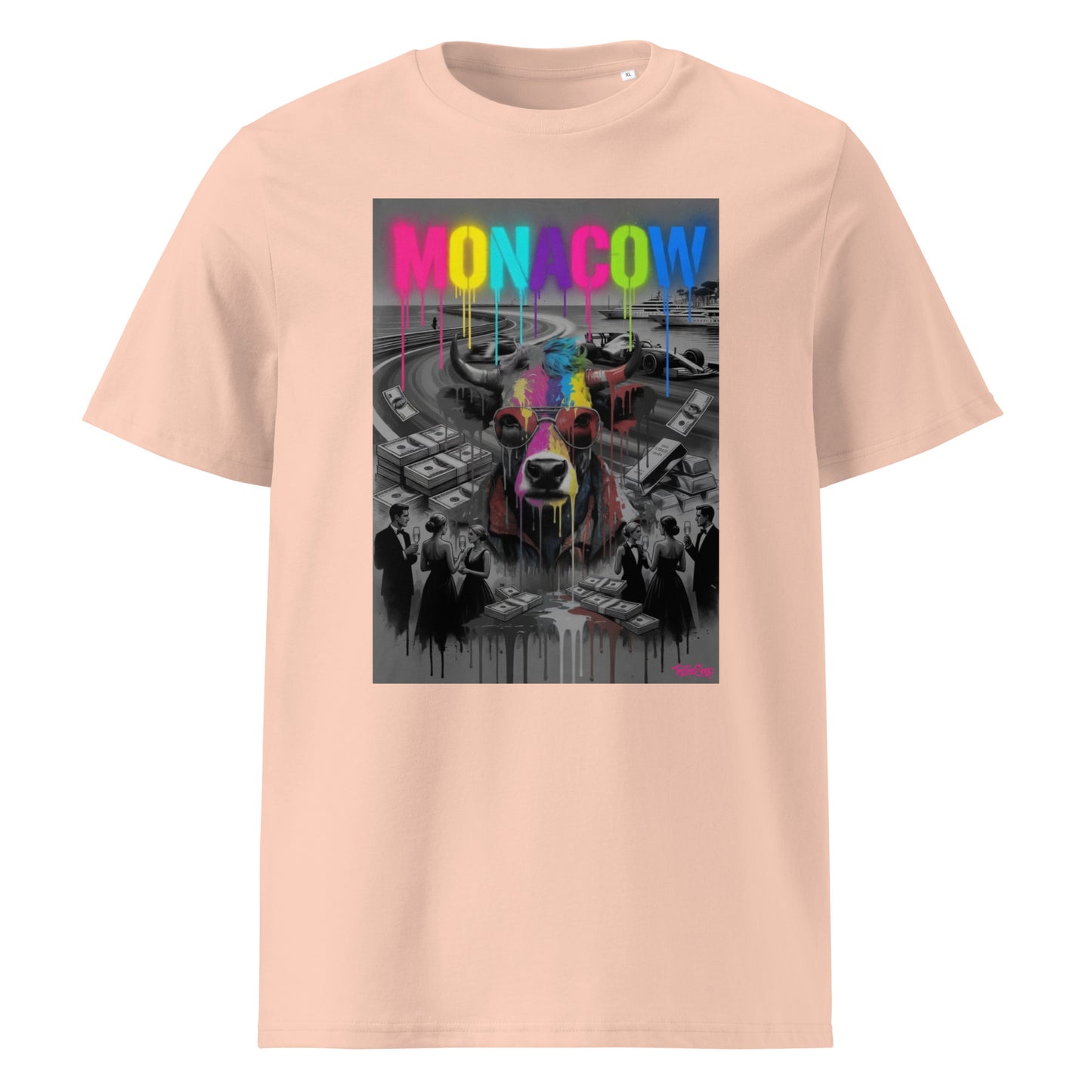 Fraiche peche unisex organic cotton Monaco t-shirt with the MONACOW 2026 V1.0 statement front graphic—colour-drip MONACOW text and cow artwork inspired by luxury motorsport weekends.