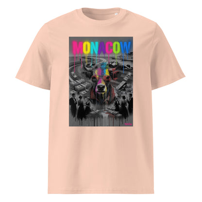 Fraiche peche unisex organic cotton Monaco t-shirt with the MONACOW 2026 V1.0 statement front graphic—colour-drip MONACOW text and cow artwork inspired by luxury motorsport weekends.