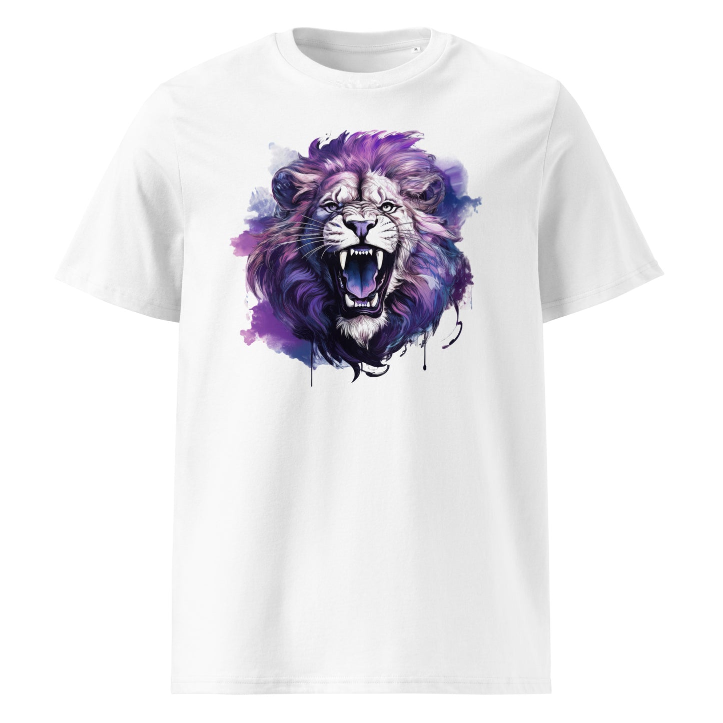 Front of the t-shirt featuring a roaring lion in purple, black, and white on a white background – ideal for Terenure College RFC and Lions Tour fans.