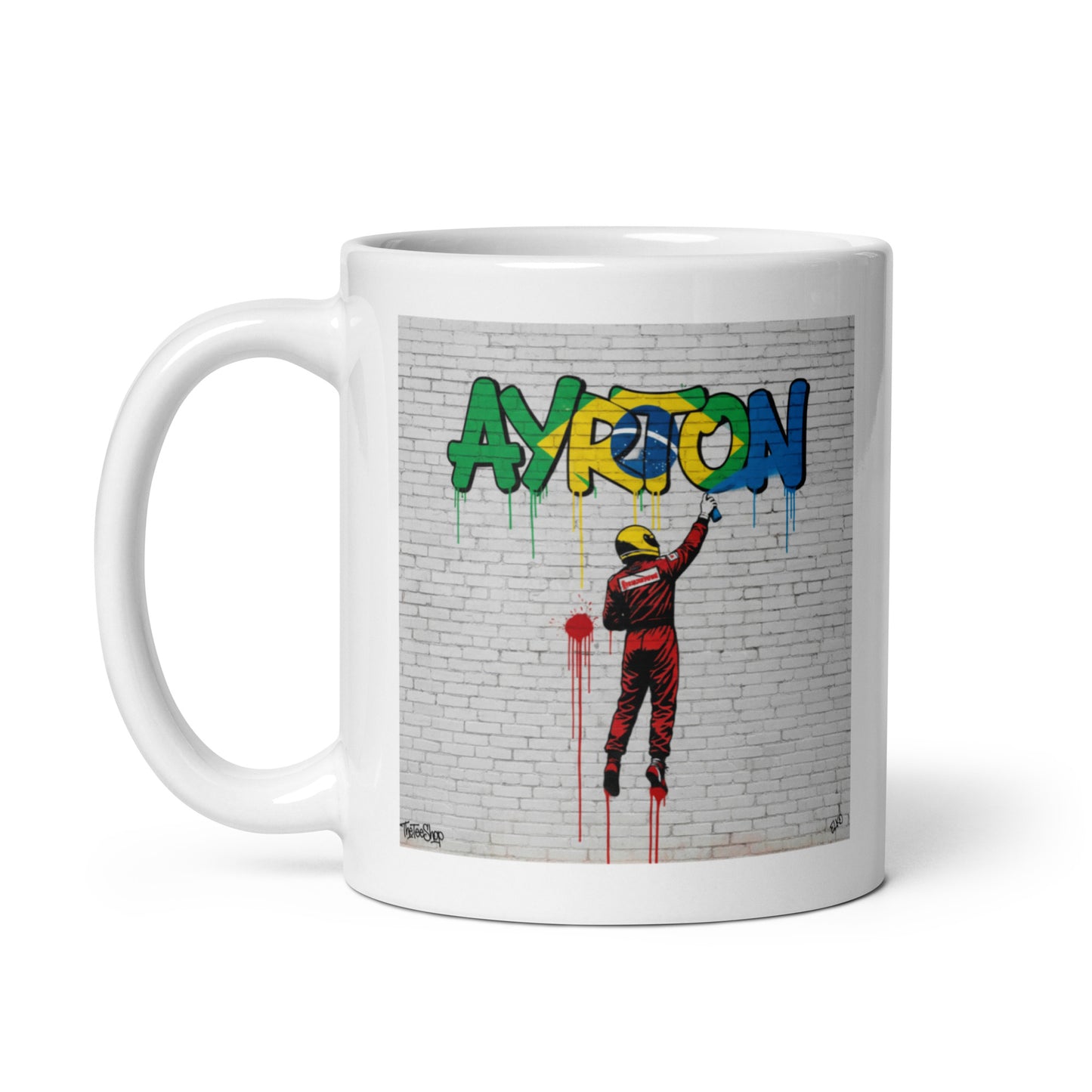 11oz white Ayrton Senna graffiti mug with handle on left.