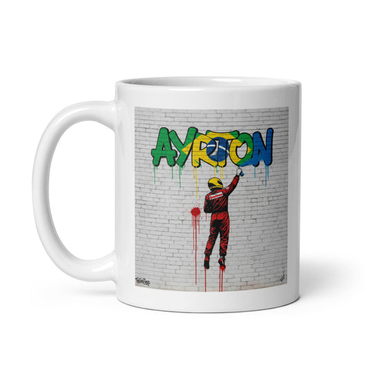 11oz white Ayrton Senna graffiti mug with handle on left.