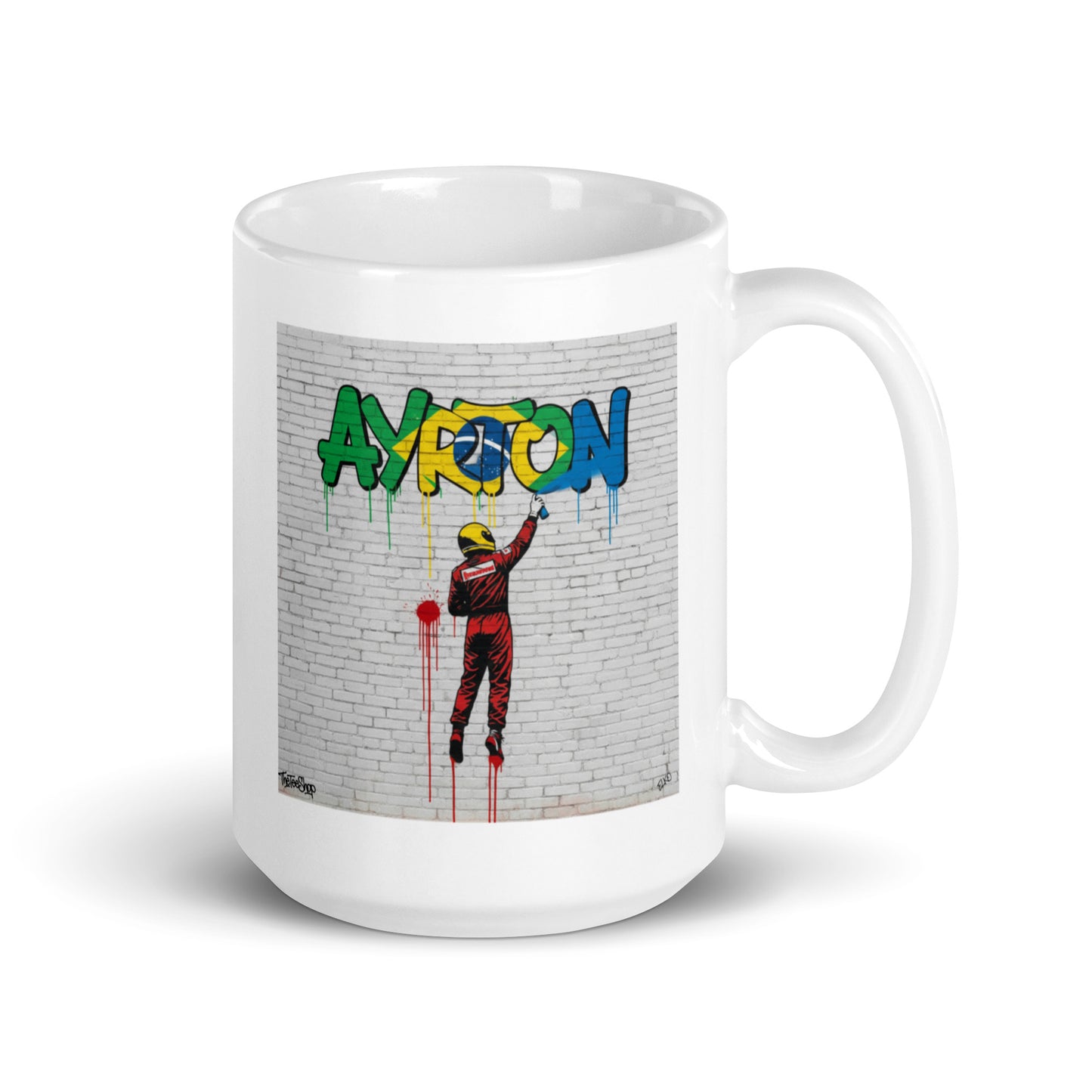 15oz white Ayrton Senna graffiti mug with handle on right.