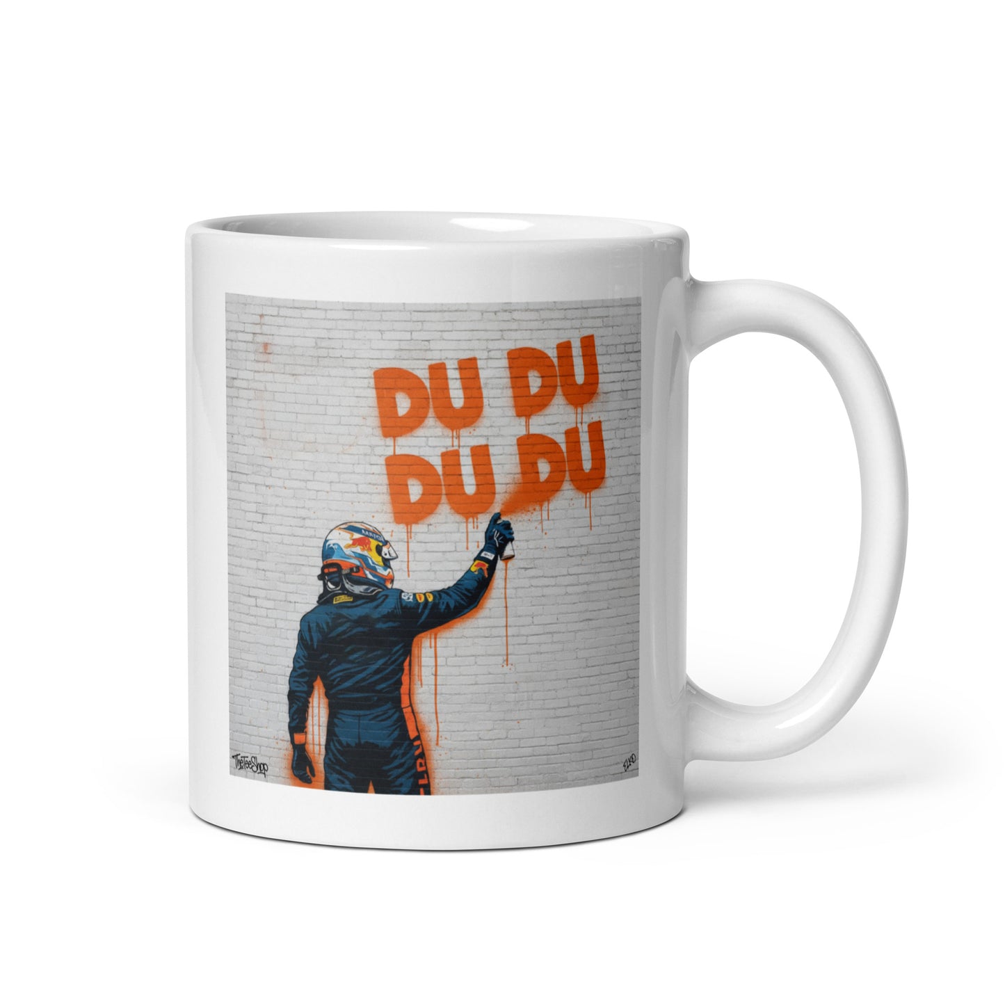 11oz ceramic mug featuring street art depicting Max Vertappen and the iconic DU DU DU DU song a Max fan favourite. Handle on right.