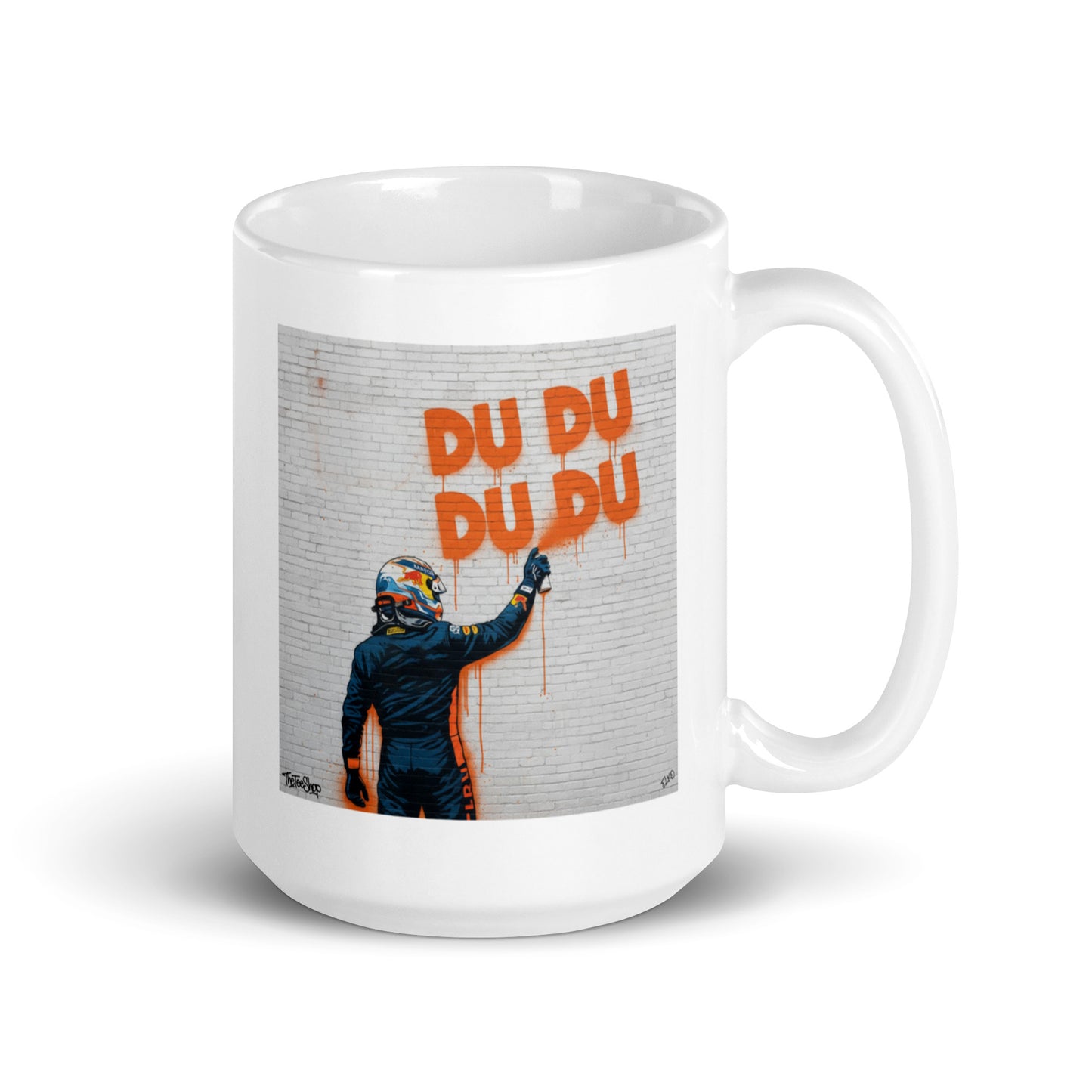15oz ceramic mug featuring street art depicting Max Vertappen and the iconic DU DU DU DU song a Max fan favourite. Handle on right.