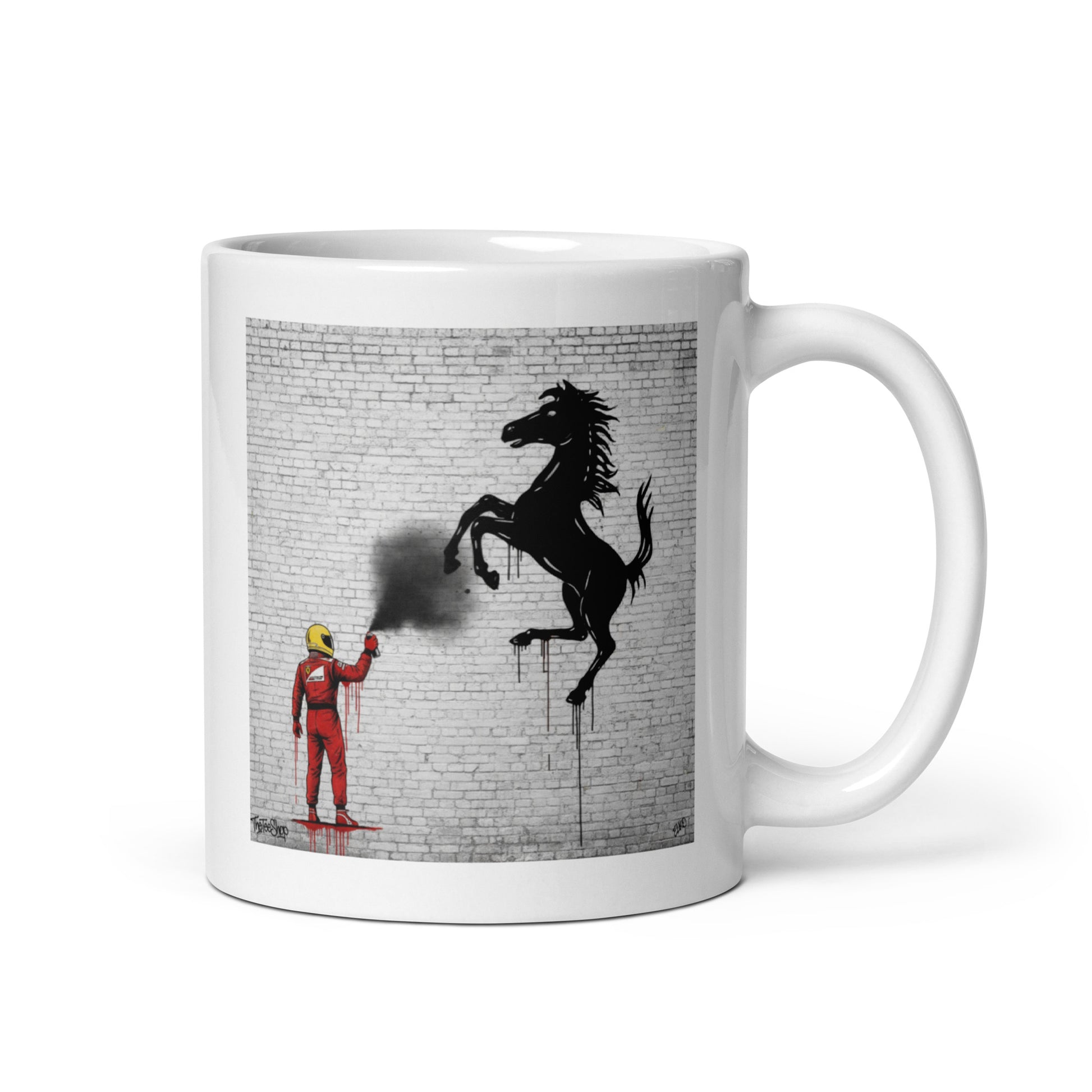 11oz Ferrari Mug featuring a driver spray painting a prancing horse. handle on right side.