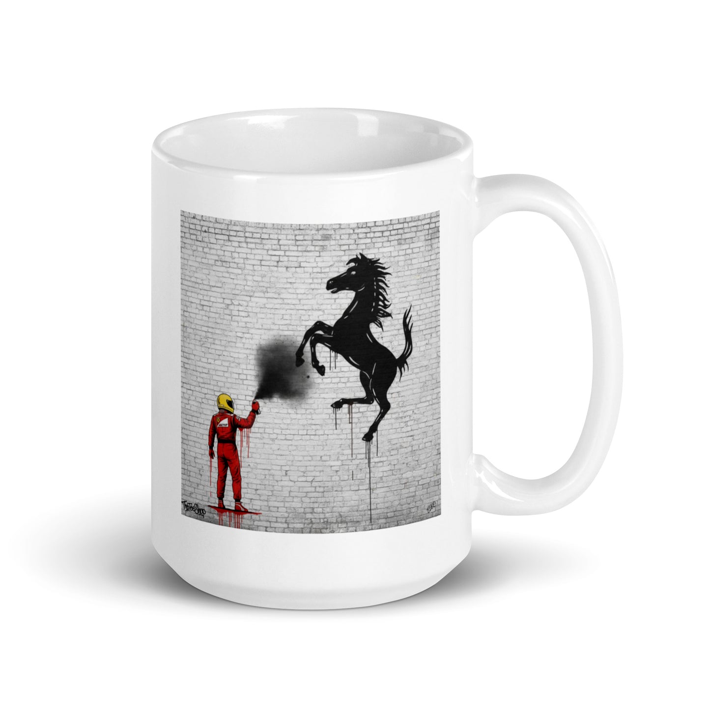 15oz Ferrari Mug featuring a driver spray painting a prancing horse. handle on right side.