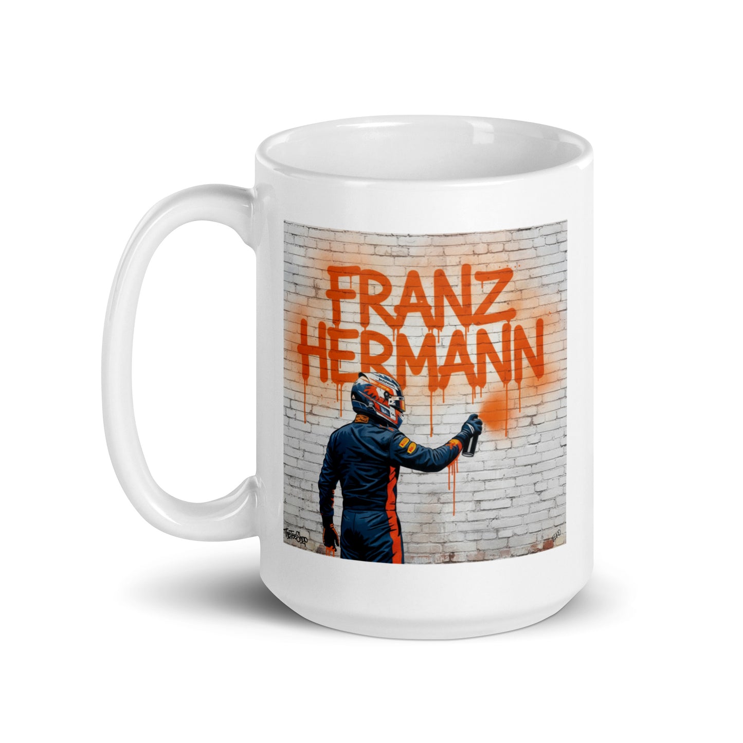 15oz white mug with Franz Hermann displayed in a street art way. Handle on left side.