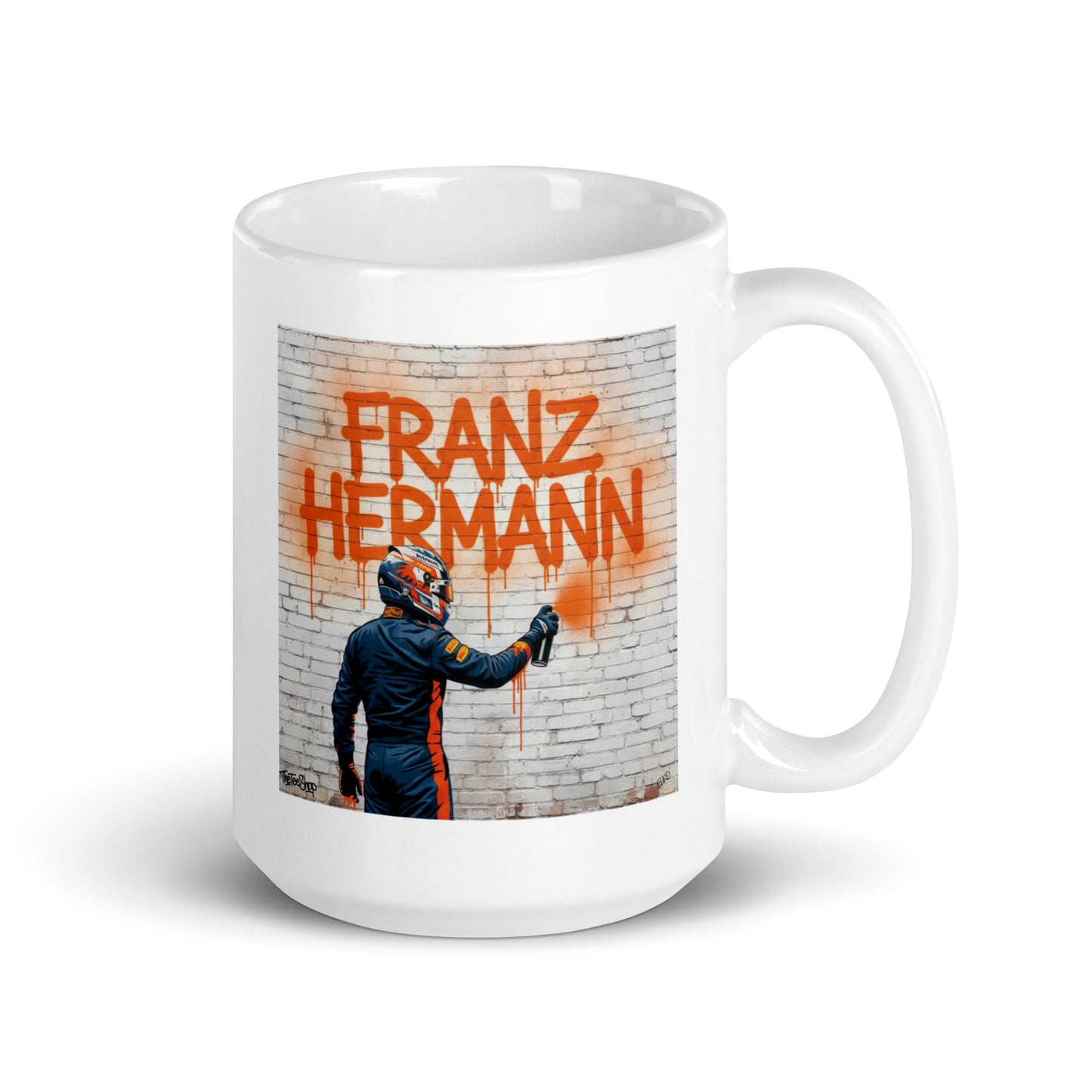 15oz white mug with Franz Hermann displayed in a street art way. Handle on right side.
