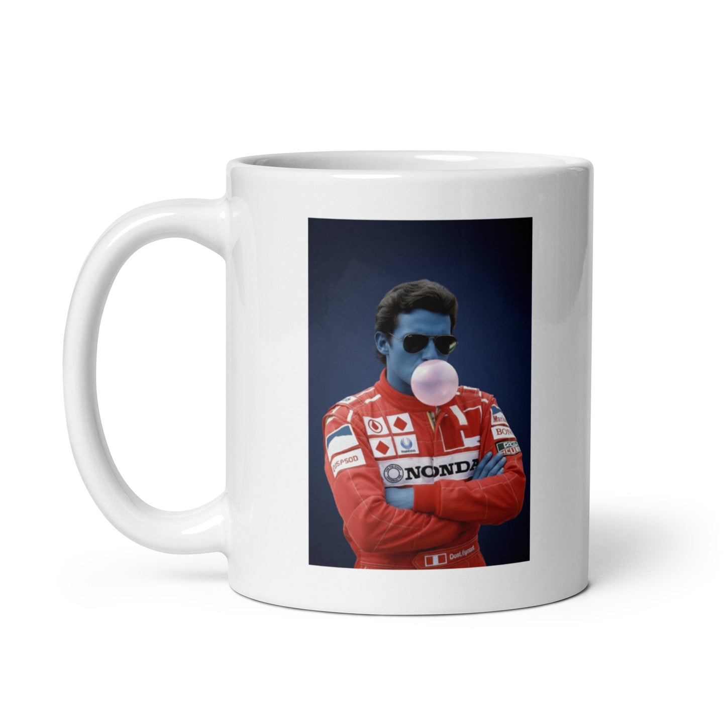 White ceramic Ayrton Senna tribute mug with handle on left hand side.