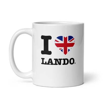 White mug with 'I ❤️ Lando' design featuring a heart with the Union Jack and black text on a white background.