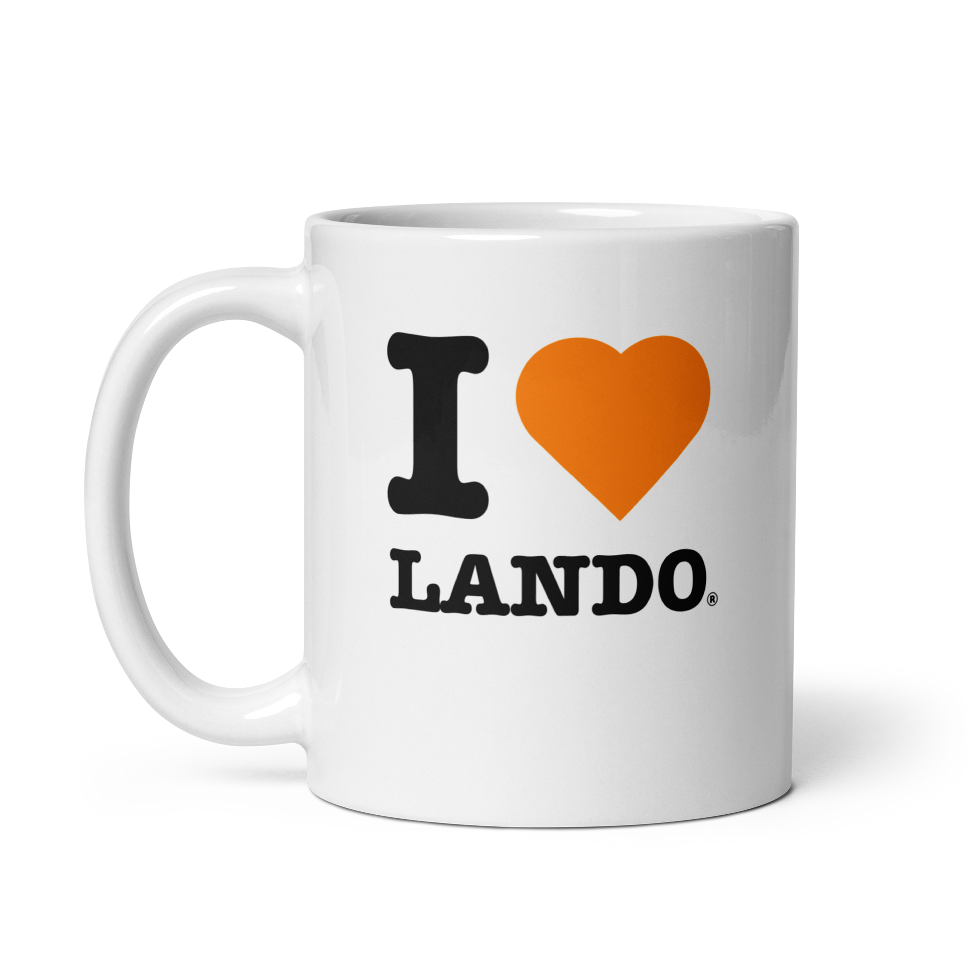 White mug with 'I ❤️ Lando' text on a white background