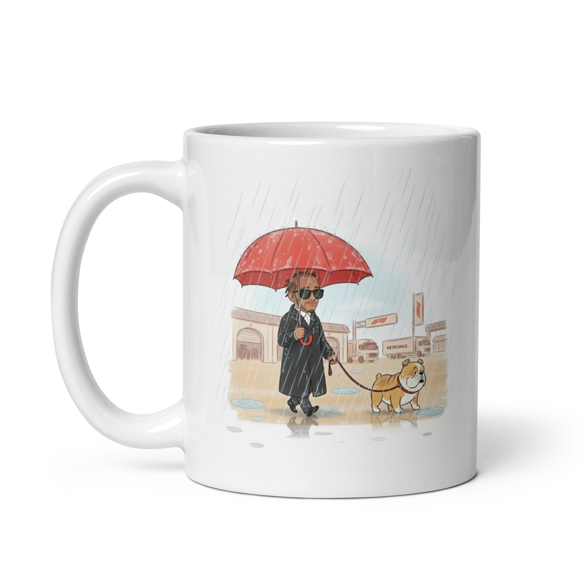 White ceramic 11oz  mug with handle on left hand side with Lewis Hamilton and Roscoe walking in the rai.