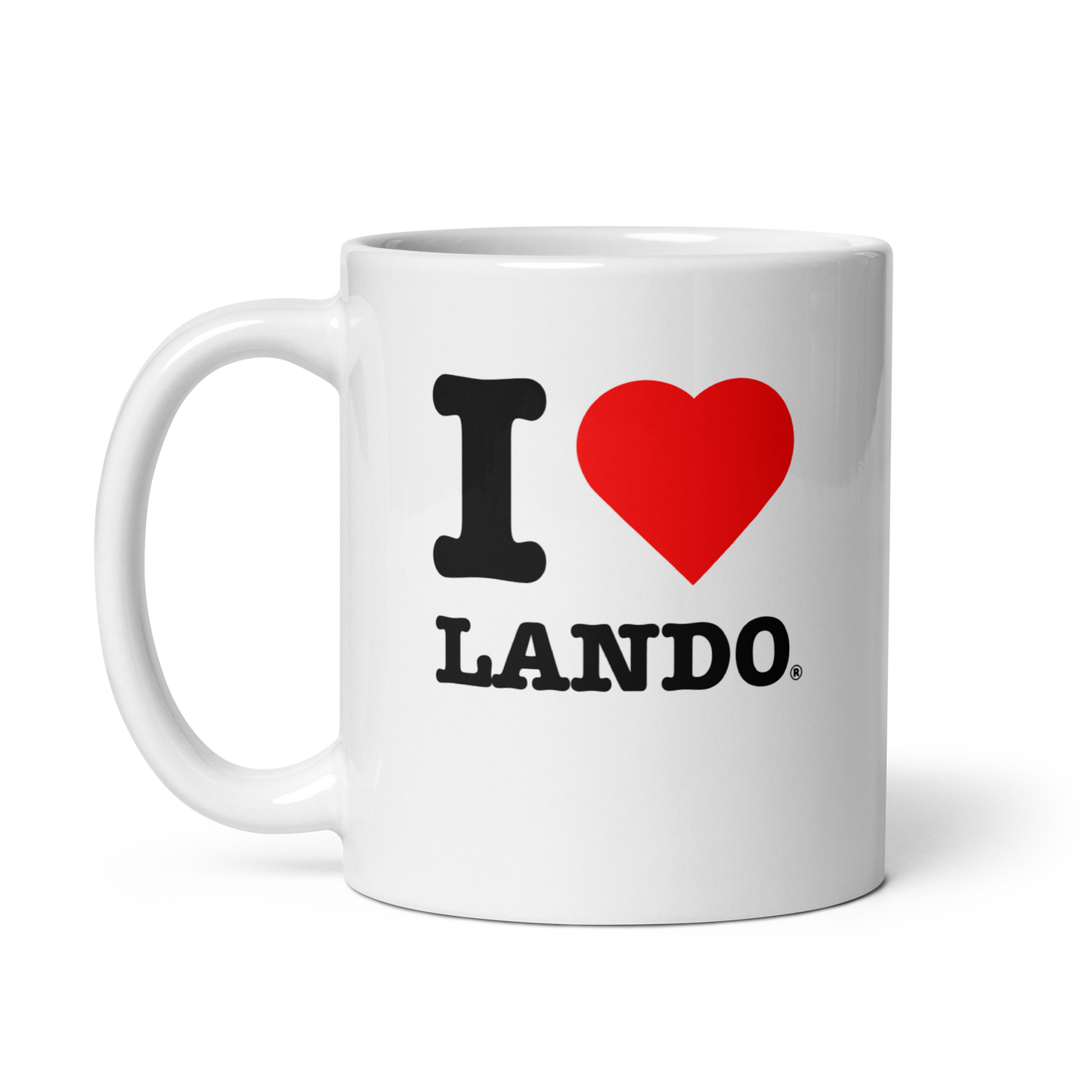 White mug with 'I ❤️ Lando' text on a white background