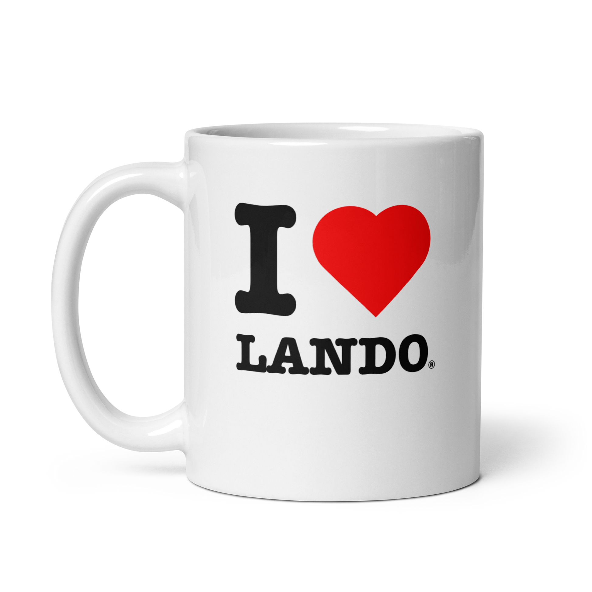 White mug with 'I ❤️ Lando' text on a white background