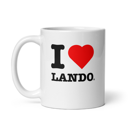 White mug with 'I ❤️ Lando' text on a white background