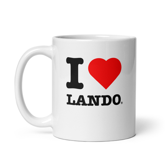 White mug with 'I ❤️ Lando' text on a white background