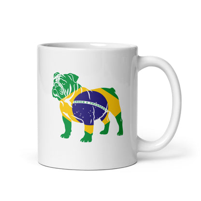 White 11oz ceramic mug with Roscoe Hamilton in brazil colours. Handle on right.