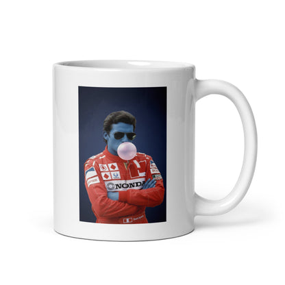 White ceramic 11oz Ayrton Senna tribute mug with handle on right hand side.