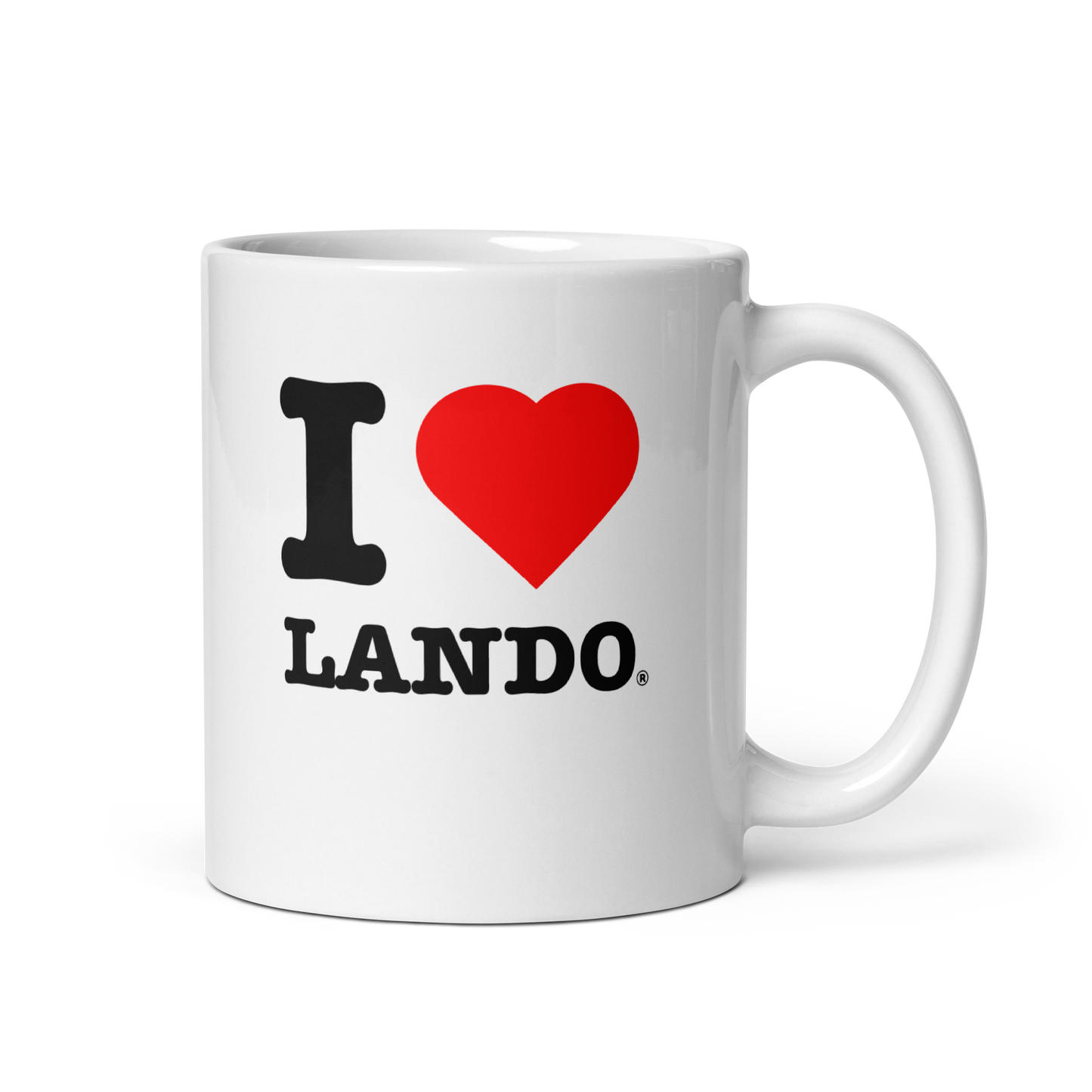 White mug with 'I ❤️ Lando' text on a white background