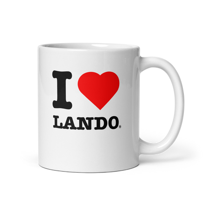 White mug with 'I ❤️ Lando' text on a white background