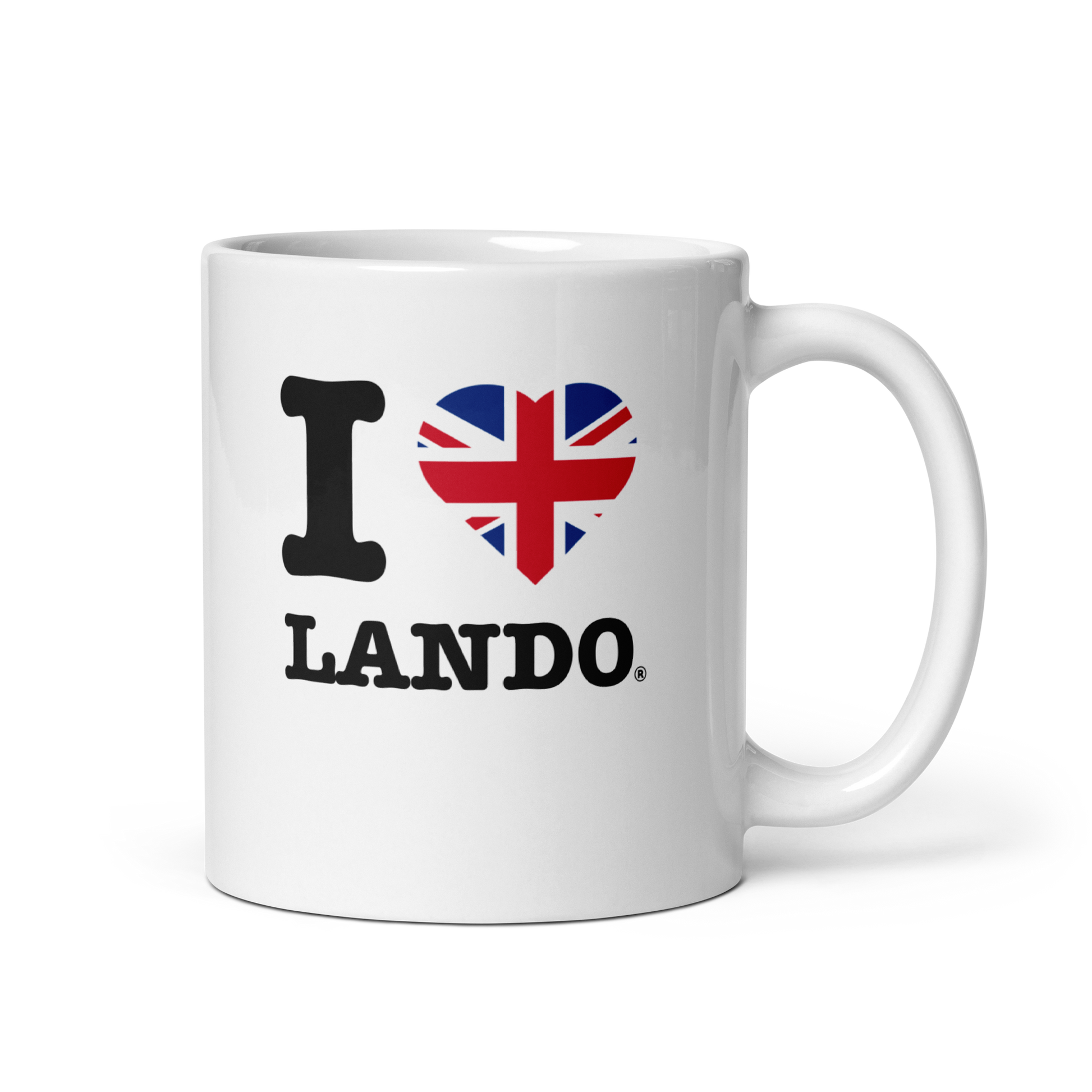 White mug with 'I ❤️ Lando' design featuring a heart with British flag colors on a white background