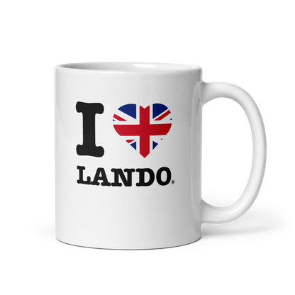 White mug with 'I ❤️ Lando' design featuring a heart with British flag colors on a white background